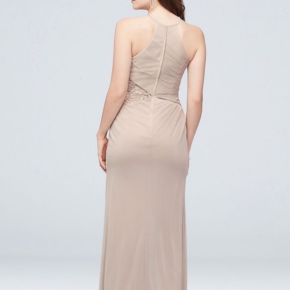 High-Neck Mesh Bridesmaid Dress with Lace Inset - Picture 3 of 11